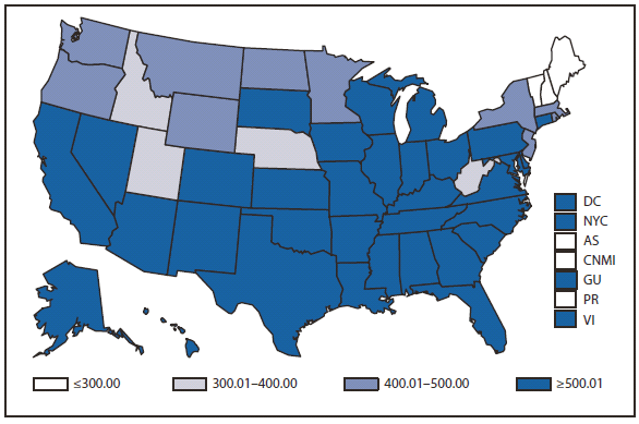 CHLAMYDIA - This figure is a map of the United States and U.S. territories that presents the incidence per 100,000 population of chlamydia among women in 2010.